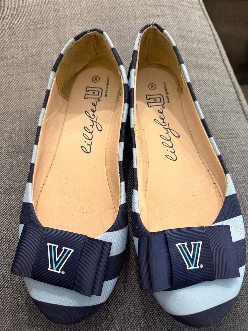 Villanova Navy and Light Blue Striped Bow Ballet Flats